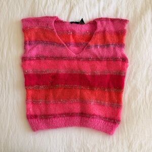 JEANNE PIERRE Hot Pink & Red Striped V-Neck Sweater Vest